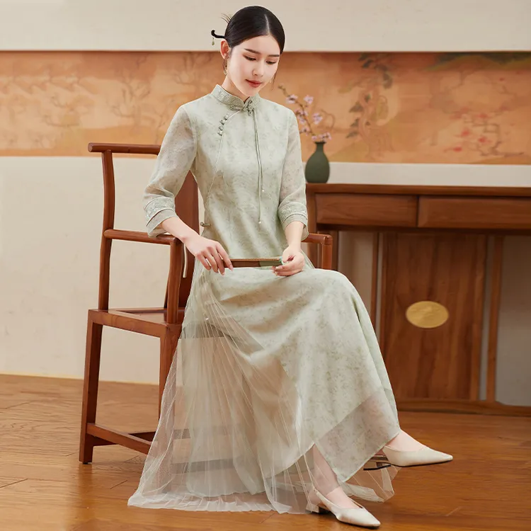 旗袍国风连衣裙新款女夏季新中式改良版禅意女装中式素雅气质F673