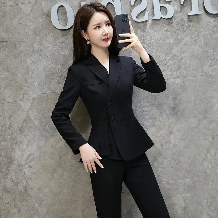 高端时尚气质西服套装女士黑修身商务长袖西装工作服秋冬职业套装