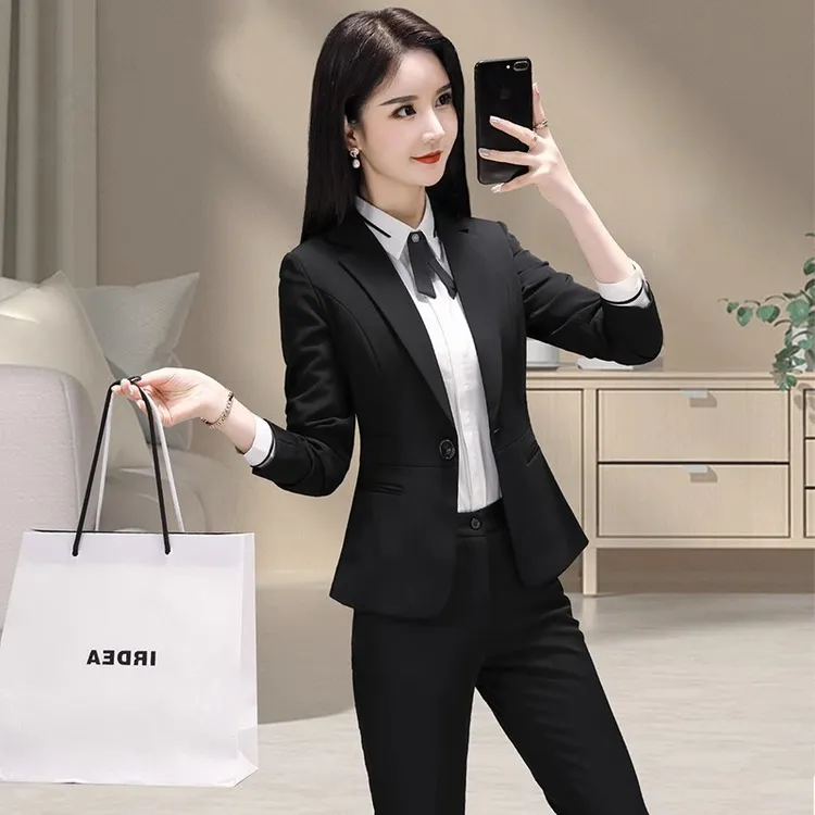 时尚修身职业西服套装女黑色正装酒店前台面试上班气质职业装女款