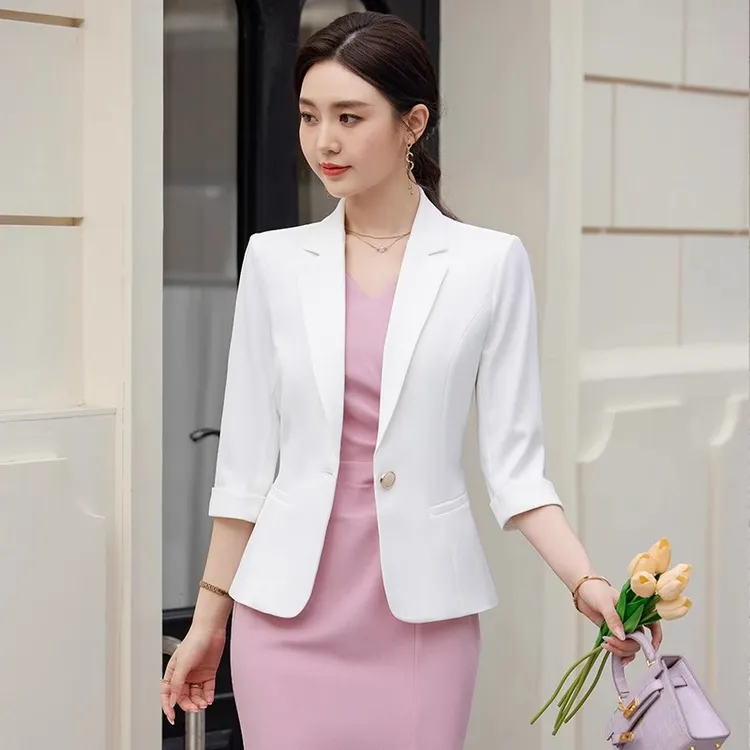 中袖白色西服外套休闲气质时尚春夏修身主持人美容院职业西服裙