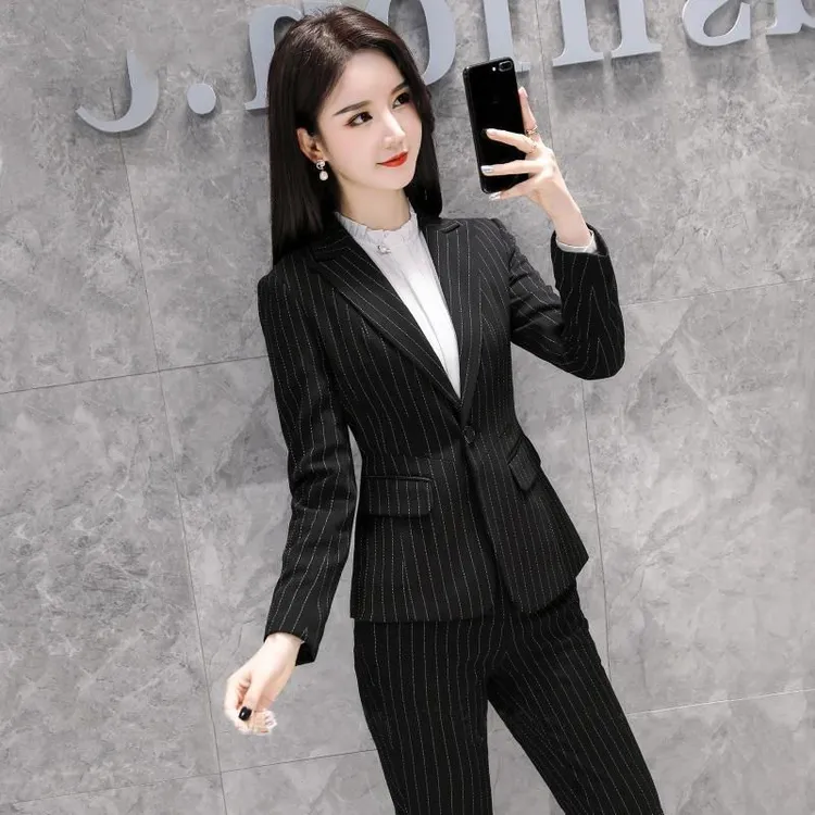 灰色条纹西装套装女春秋气质高端商务酒店经理职业正装外套工作服