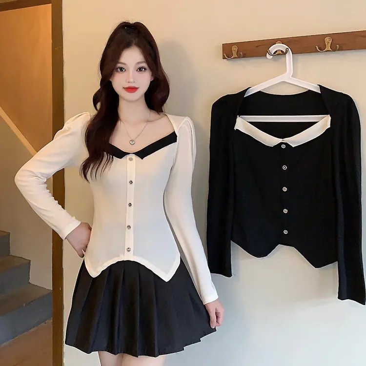 秋冬季新款女装法式拼色方长袖修身显瘦气质打底上衣设计感时尚