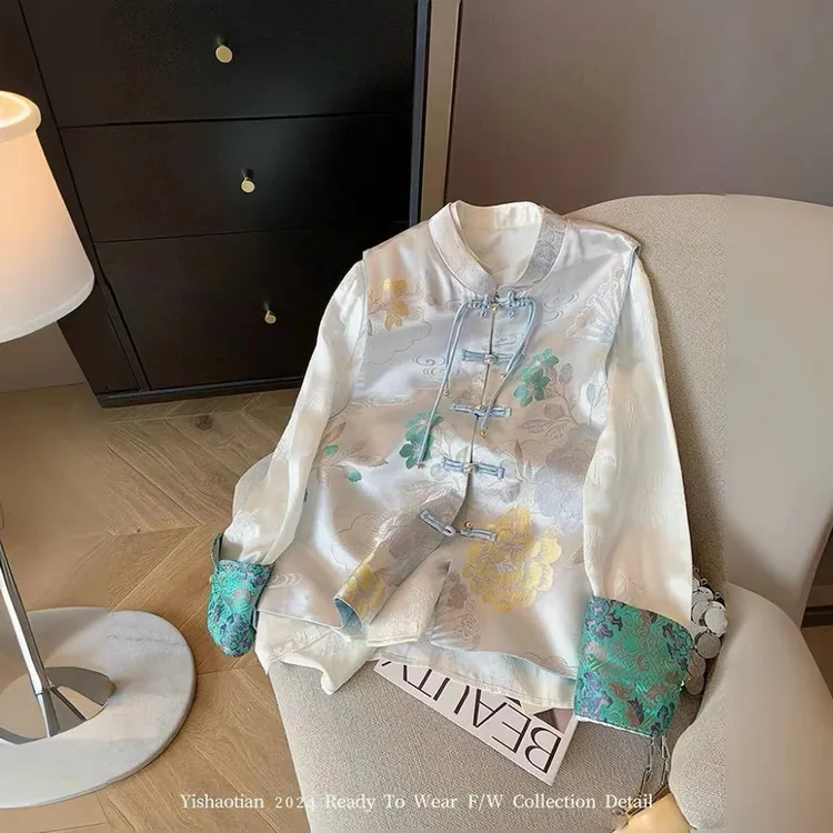 松绿色新中式国风提花缎面衬衫套装2024春新款复古立领马甲两件套