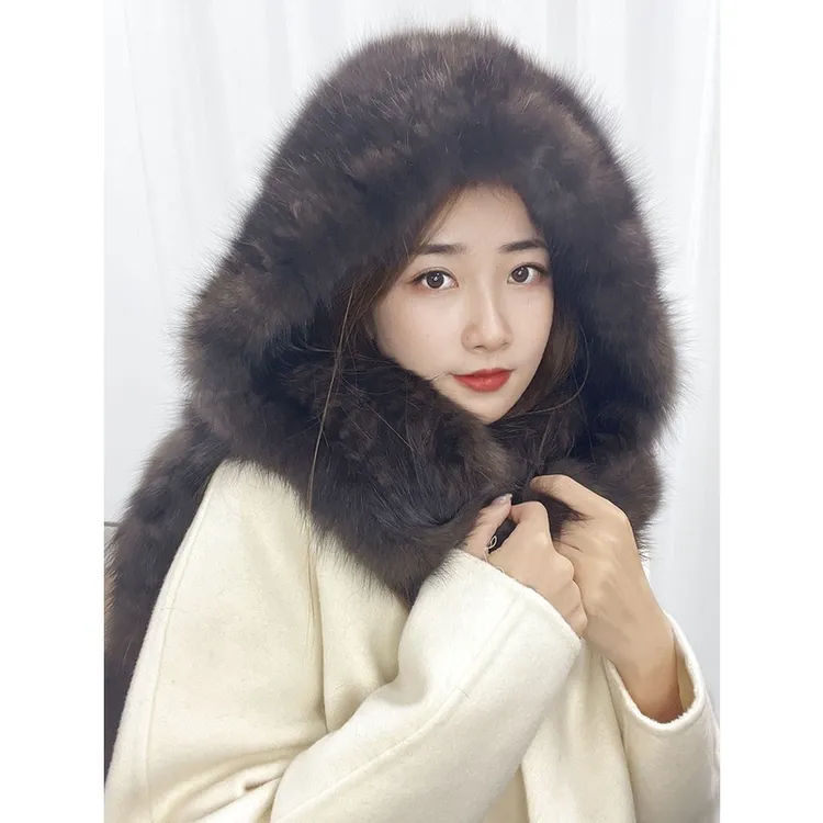 伊佳俄罗斯进口5A级紫貂皮草围巾帽子一体女冬貂毛风雪帽户外保暖