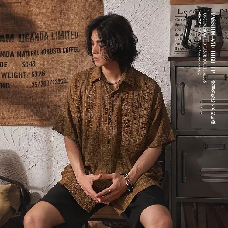 冰丝短袖衬衫男夏季新款设计感小众轻熟风免烫抗皱五分袖衬衣套装