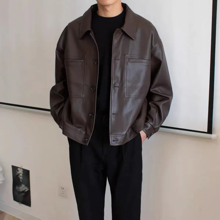 春秋季韩版皮夹克套装男士宽松机车短款皮衣ins痞帅复古pu外套男