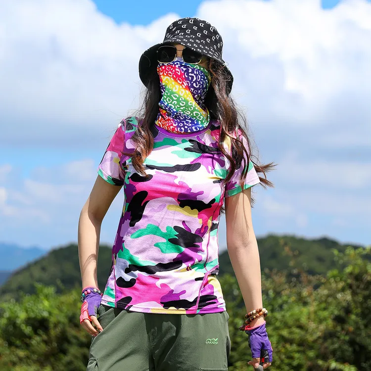 户外冰丝迷彩速干T恤女短袖弹力透气运动跑步徒步快干衣女半袖夏