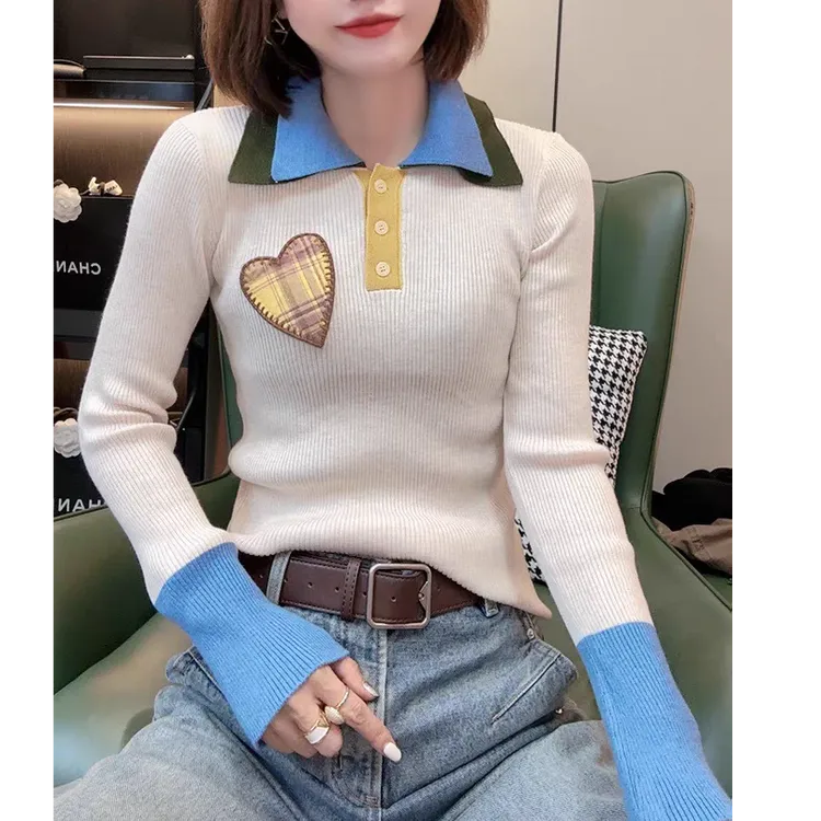 A1565#法式撞色拼接翻领打底衫时尚百搭爱心图案设计长袖针织上衣