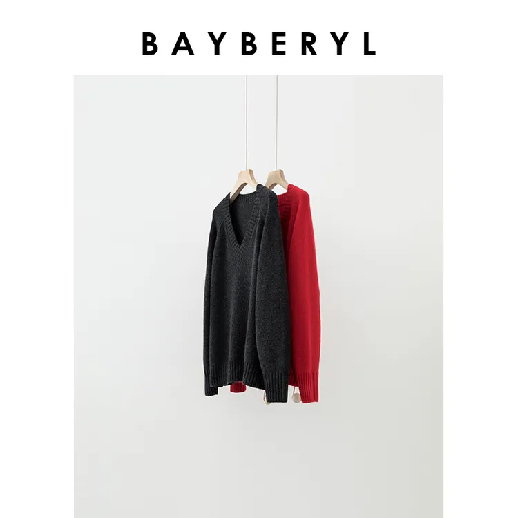 BAYBERYL老贝阿拉善*显白V领宽松插肩长袖针织衫秋ZZS4F1203