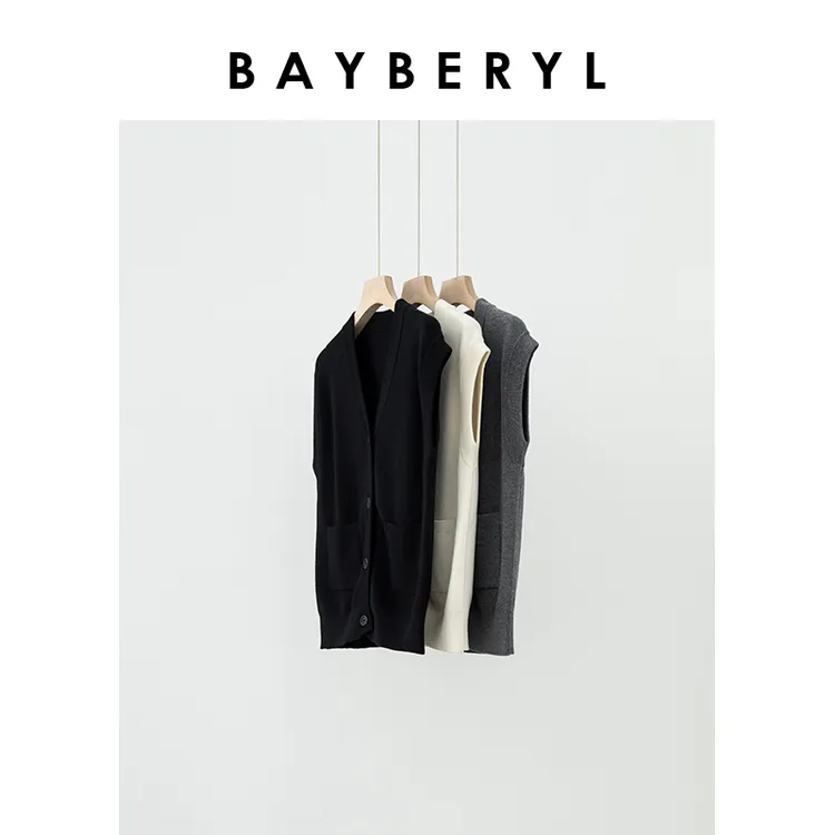 BAYBERYL老贝知识分子V领口袋叠穿秋针织背心ZZS4G0202