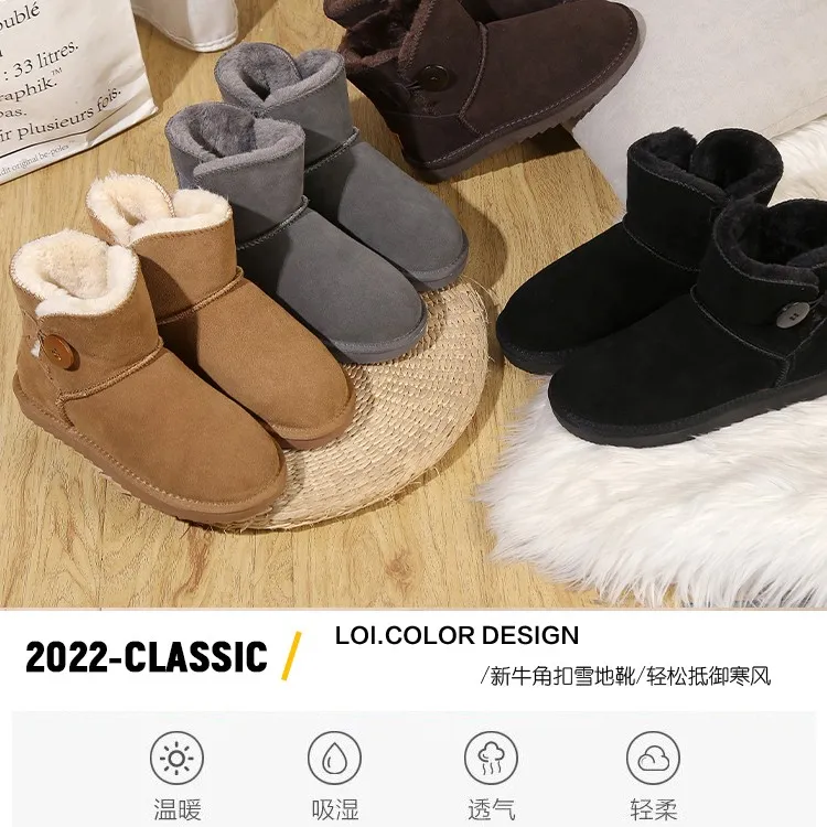 冬季带扣时尚百搭雪地靴女低筒真皮加厚加绒牛皮保暖男靴情侣鞋