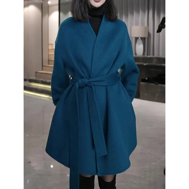 高端双面毛呢蓝色外套女2025秋冬季新款时尚韩版宽松显瘦呢子大衣