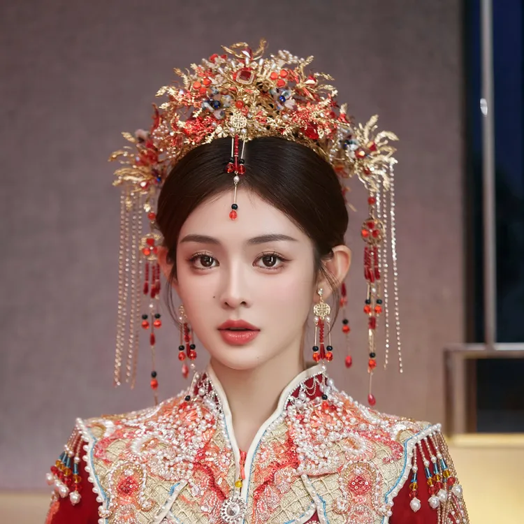 合金婚庆饰品 中式凤冠前后冠眉心坠长流苏凤凰古装秀禾头饰82311