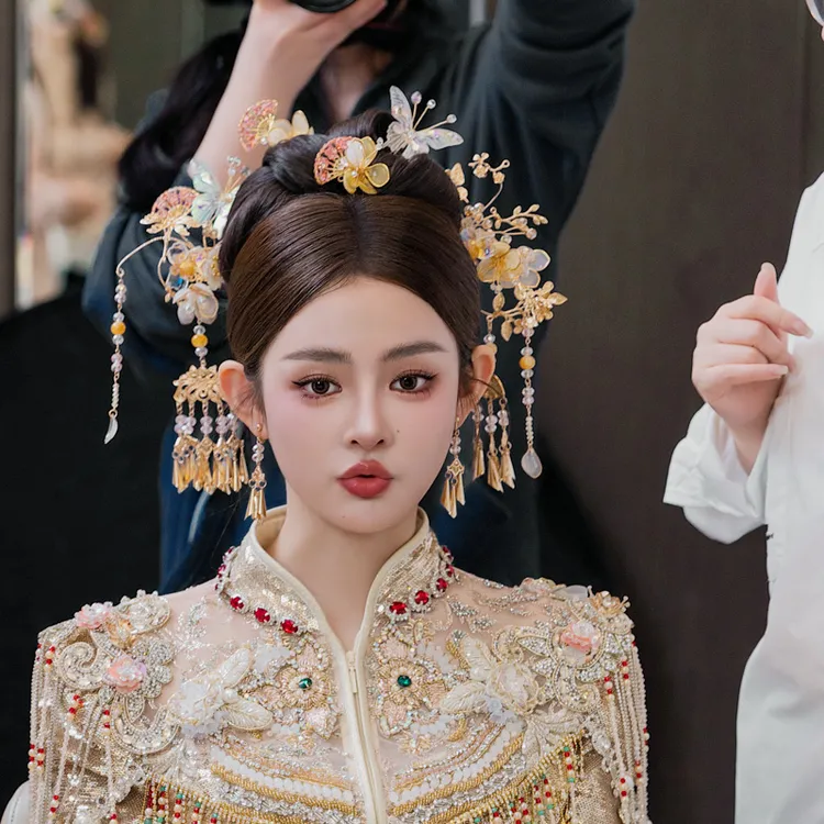 合金婚庆饰品 新娘头饰中式古风金色流苏响铃秀禾发饰浅色系0402