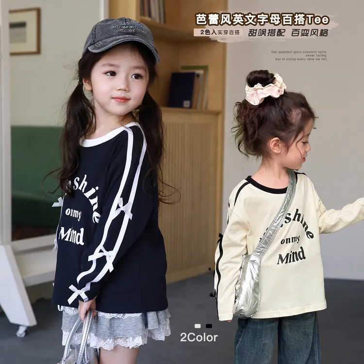 女童长袖t恤纯棉春秋新款女孩上衣蝴蝶结儿童宝宝衣服洋气韩版潮