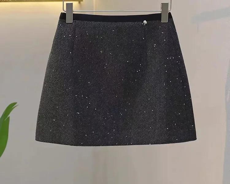 韩系高级拼色亮片裙女秋冬新款高腰显瘦A字包臀短裙洋气裙子