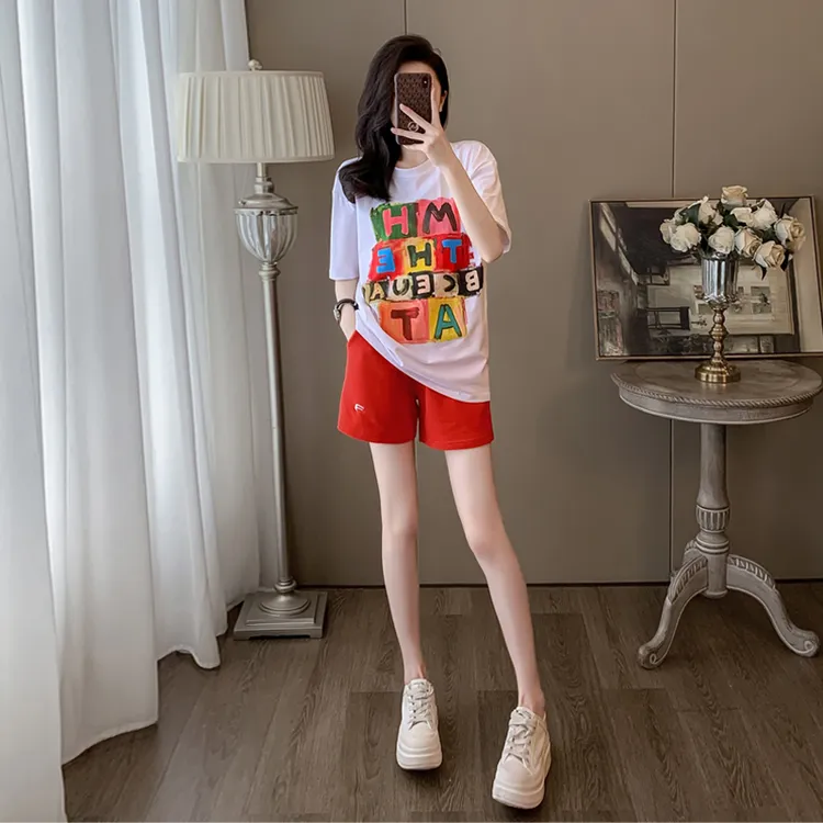 高级感时尚休闲运动服套装女2025年春夏印花短袖短裤宽松两件套潮