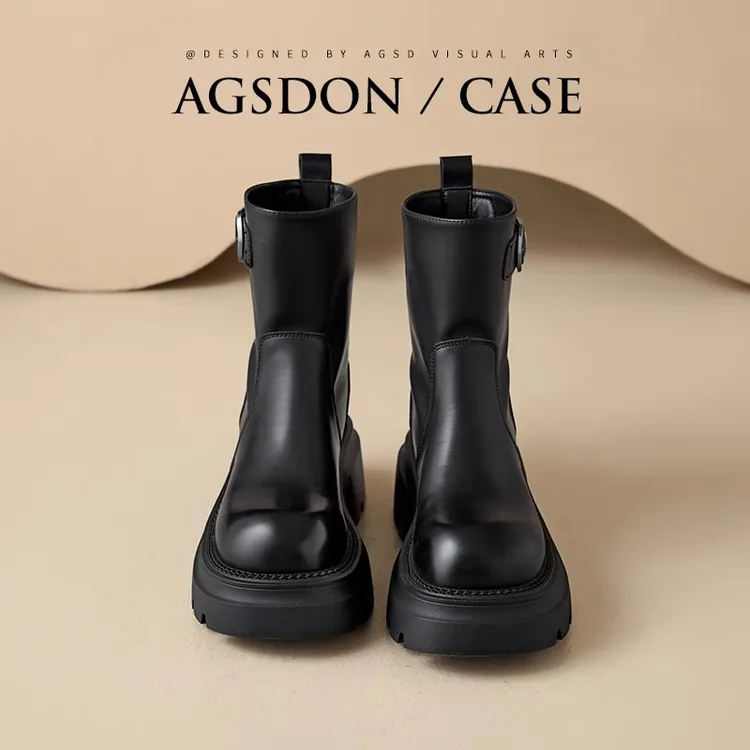 奥古狮登黑色马丁靴女2025新款春秋单靴厚底烟筒靴超火英伦风短靴