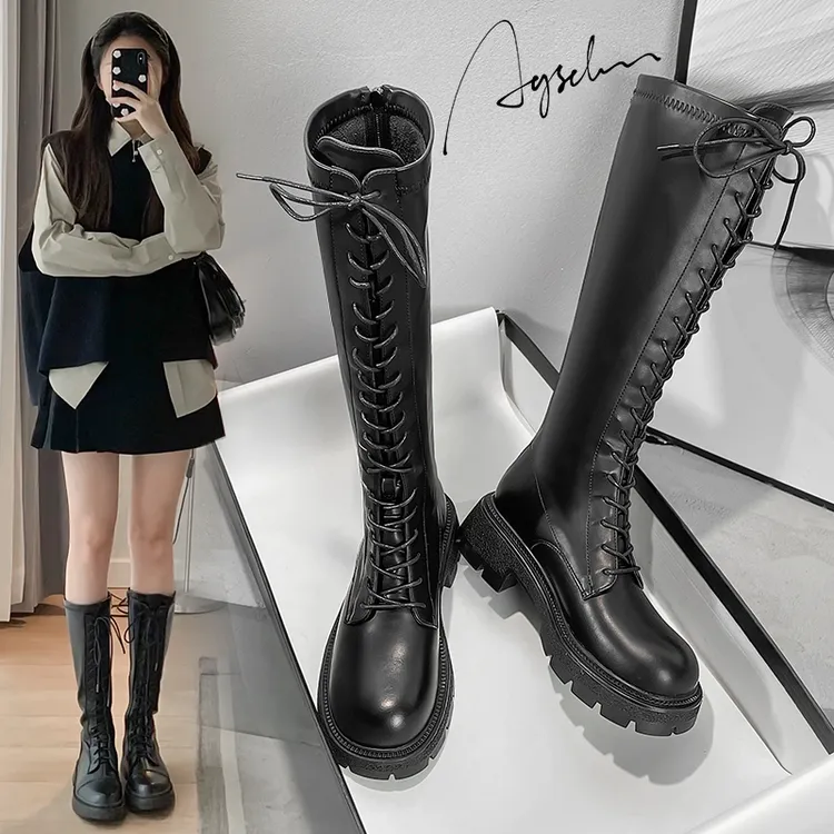 奥古狮登绑带长筒靴女2025新款秋季高筒不过膝骑士靴厚底显瘦长靴
