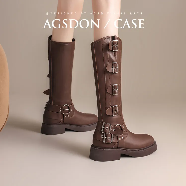 奥古狮登西部牛仔靴女2025新款春秋棕色长筒靴子美拉德复古骑士靴