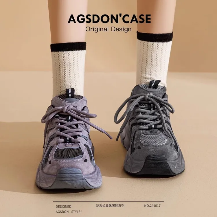 奥古狮登真皮老爹鞋女春秋2026新款厚底大码情侣款紫色休闲运动鞋