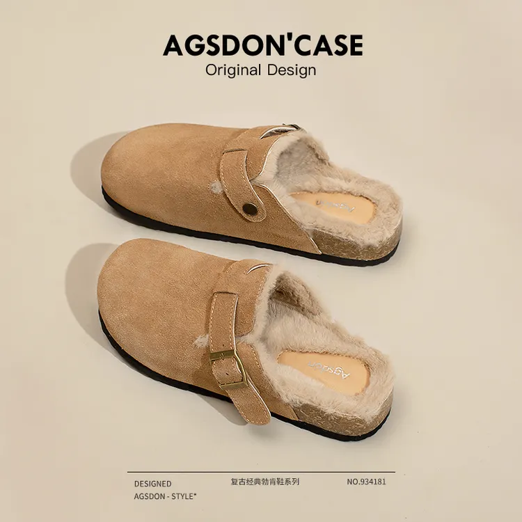 奥古狮加绒勃肯鞋女2025新款秋冬厚底一脚蹬棉拖鞋毛毛包头半拖鞋