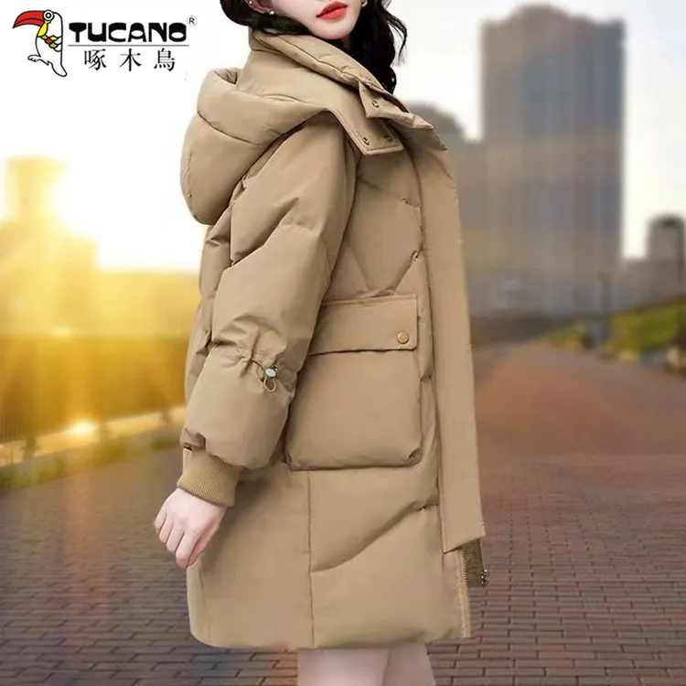 【官方品牌】啄木鳥白鸭绒羽绒服女冬季2025新款加厚保暖中长款外套