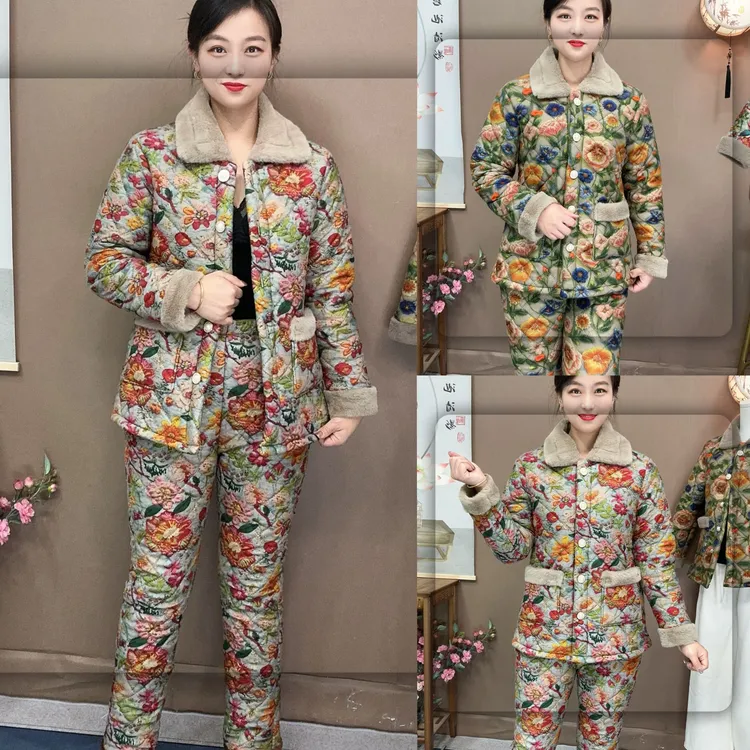 新款上新加绒加厚保暖外套碎花小棉衣宽松大码妈妈装套装