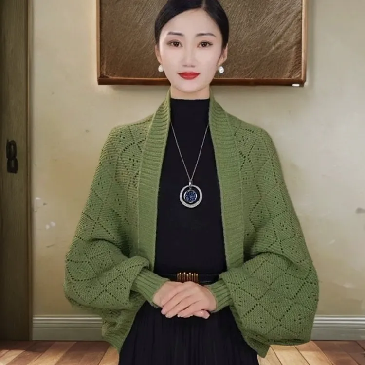 【修身版】针织密织菱格百搭开衫女秋冬外搭披肩毛衣外套短款上衣