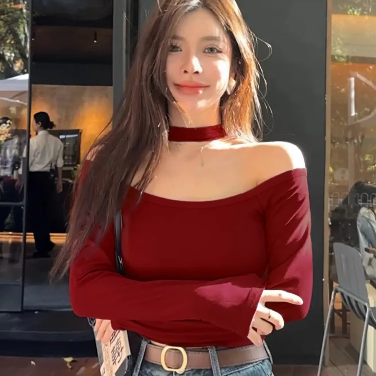 一字肩挂脖长袖T恤女设计感秋冬内搭打底衫辣妹性感紫色短款上衣