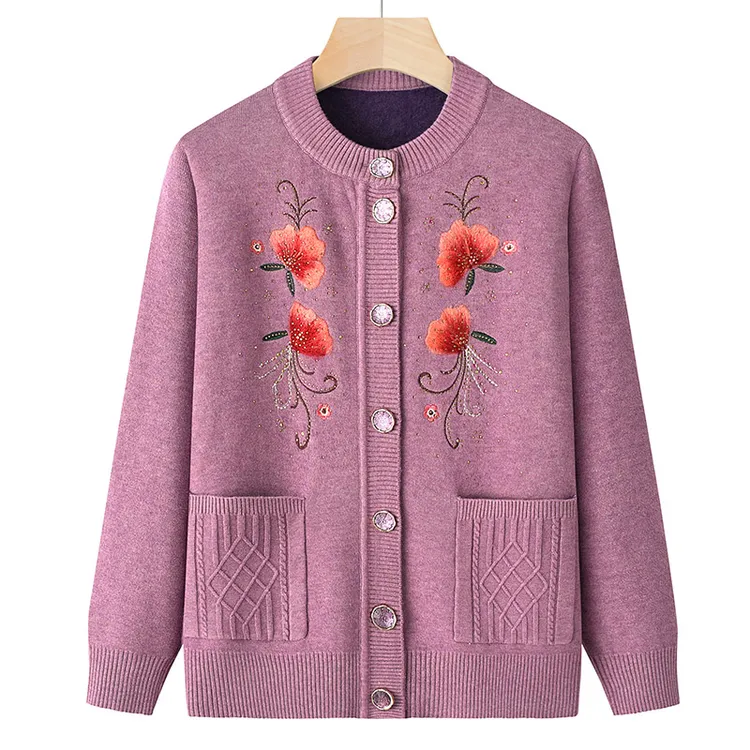 老年春秋装宽松毛衣奶奶加绒外套女妈妈绣花针织衫老太太冬季毛衣