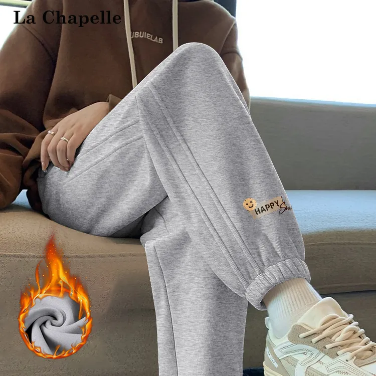 拉夏贝尔加绒休闲束脚裤女冬款2025新款小众设计感运动长裤女款潮