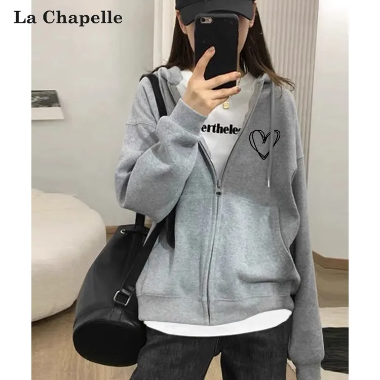 拉夏贝尔麻灰开衫卫衣女2025新款爆款春秋季宽松上衣百搭连帽外套