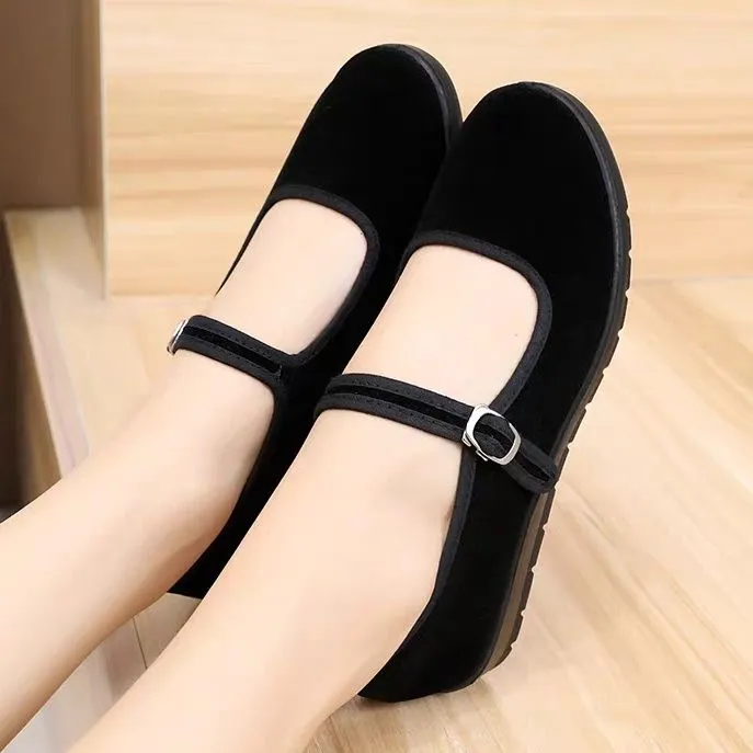 老北京布鞋女平底软底工作鞋黑色酒店防滑舞蹈鞋妈妈上班平绒单鞋