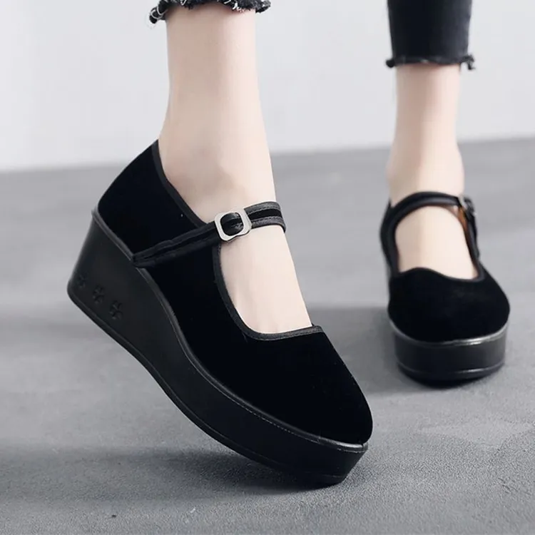 6厘米松糕厚底老北京布鞋女士酒店上班工作鞋广场舞轻便浅口单鞋