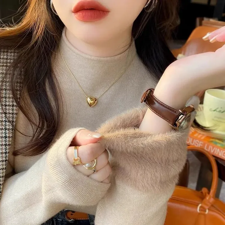 半高领加绒加厚毛衣女秋冬季一体仿水貂绒保暖内搭打底衫针织上衣