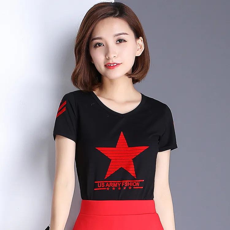 夏季水兵舞服装上衣T恤衫女短袖五角星植绒广场舞舞蹈练功服团购
