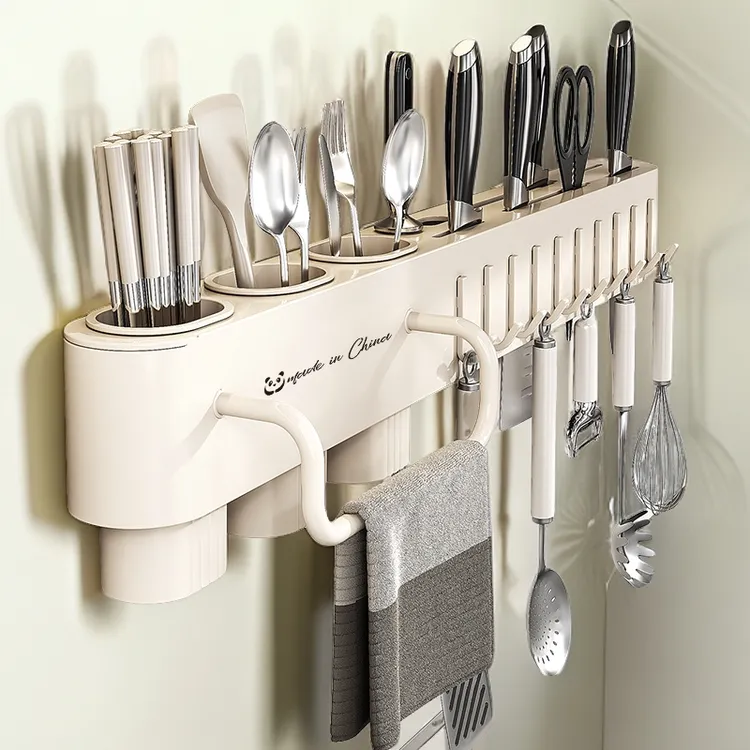 免打孔刀具置物架筷子收纳一体厨房家用多功能壁挂式菜刀架子沥水