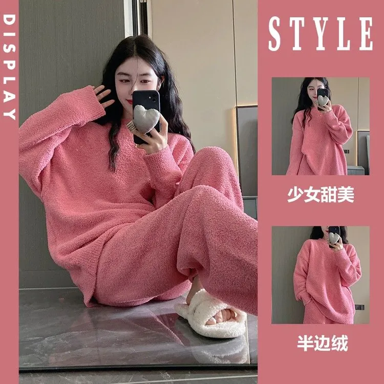 韩系高级感纯色半边绒睡衣女冬季加厚保暖毛绒针织长袖家居服套装