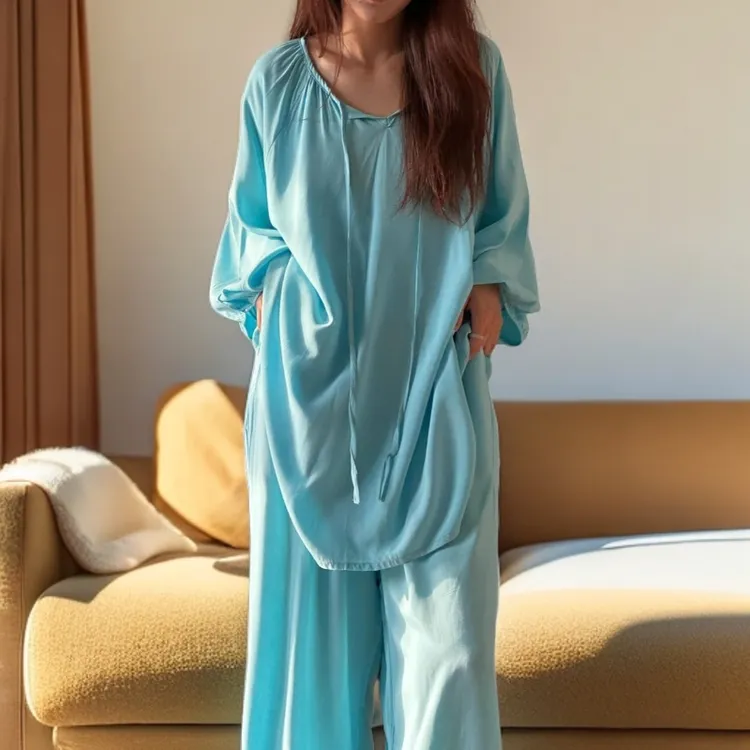 法式温柔风绵绸蓝色睡衣女夏季新款高级感简约薄款长裤家居服套装
