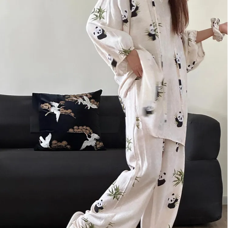 国风舒适绵绸熊猫印花睡衣女夏季2024大码亲肤长袖长裤家居服套装