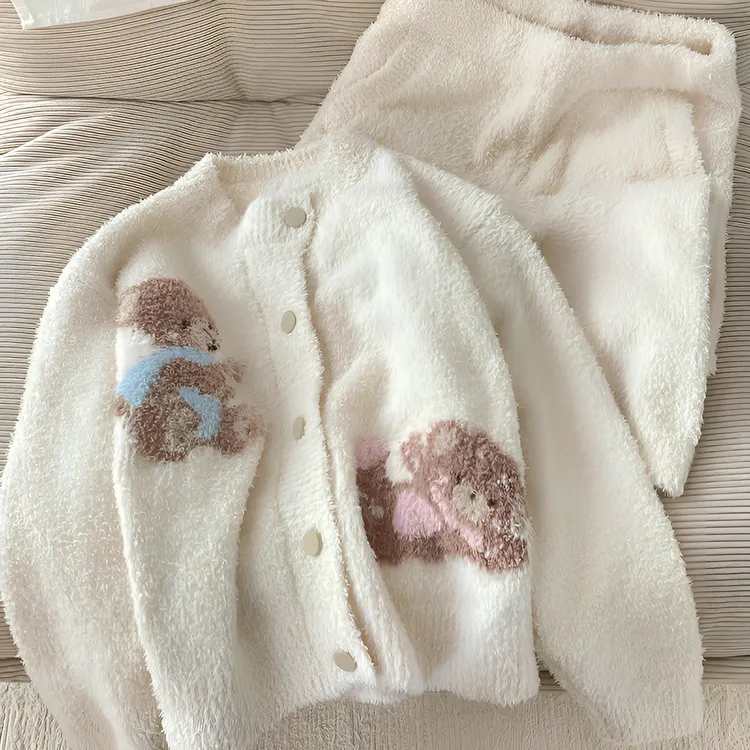【小熊印花】圆领可爱半边绒睡衣冬季女加厚针织休闲家居服套装女