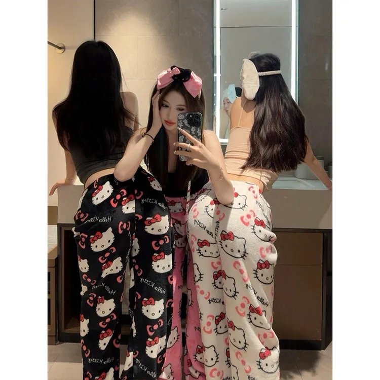 【少女Kitty】韩版珊瑚绒高腰阔腿睡裤秋冬加绒加厚遛弯外穿家居裤