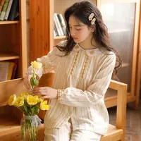 【木百合】春秋女士纯棉睡衣双层纱开门襟刺绣长袖长裤家居服套装