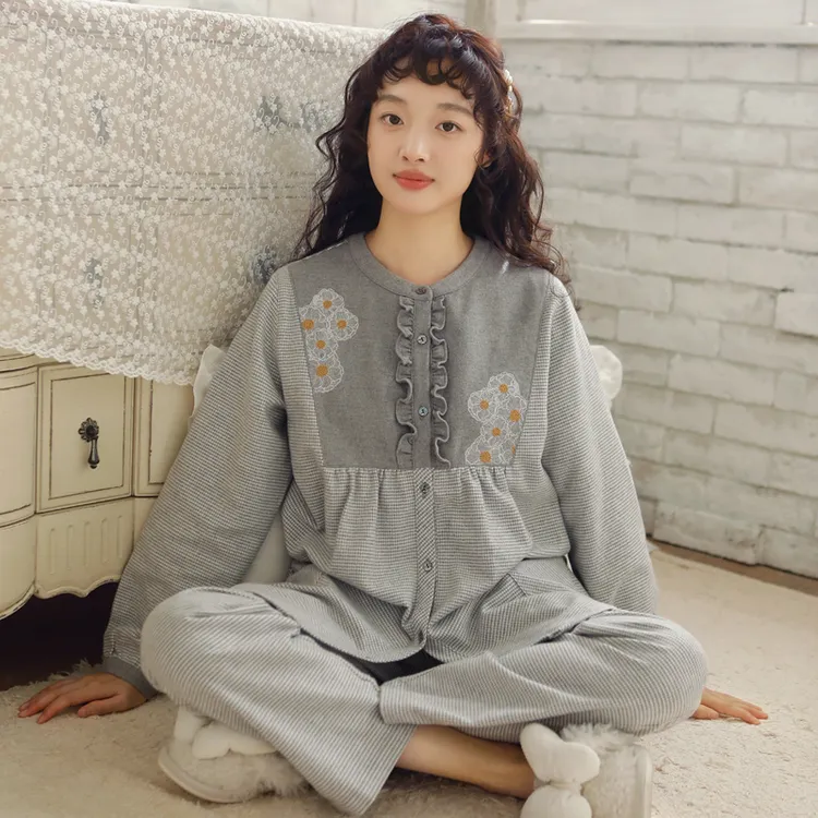 【思槿】秋冬纯棉女士磨毛睡衣圆领宽松大码长袖长裤家居套装232029