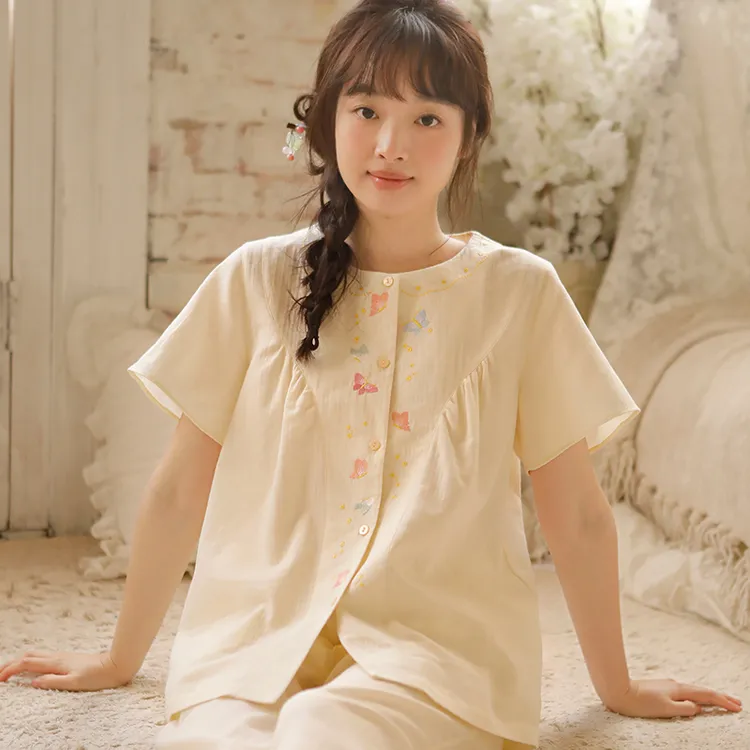【蝶恋花】春夏纯棉女士双层棉纱睡衣刺绣圆领短袖七分裤家居服套装
