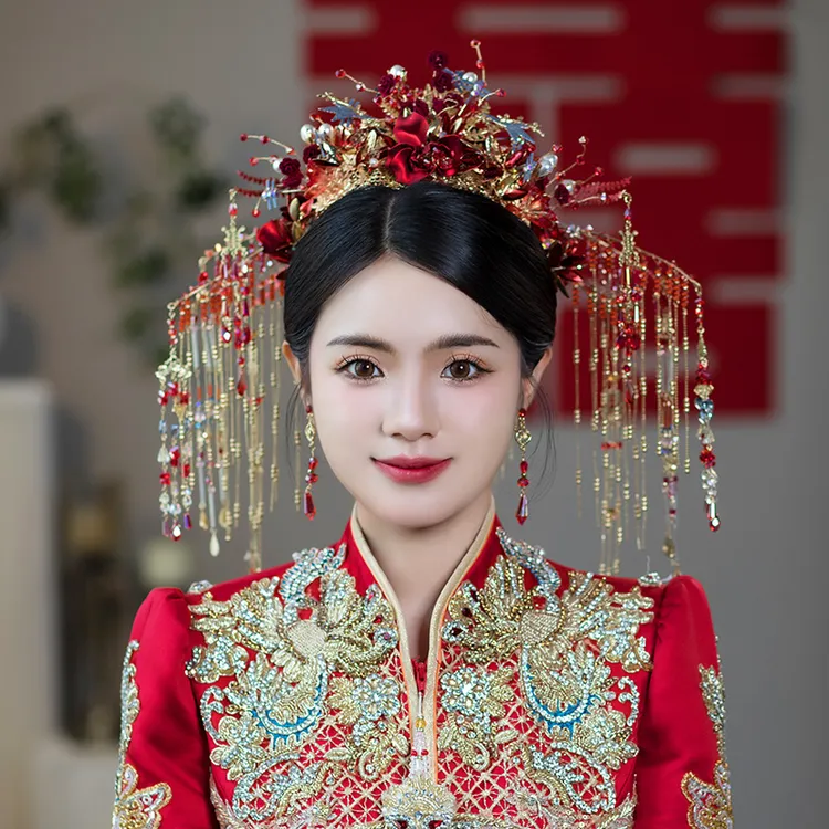 合金玻璃婚庆饰品 新娘头饰琉璃花古风中式婚礼饰品后冠古装发饰