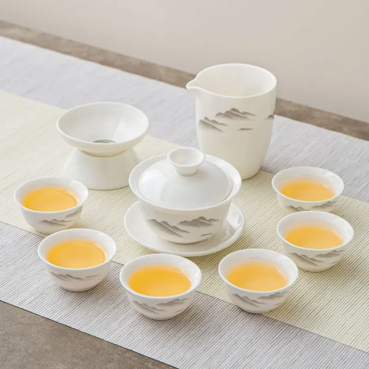 羊脂玉瓷水墨远山功夫茶具套装家用会客泡茶盖碗茶杯整套陶瓷茶具