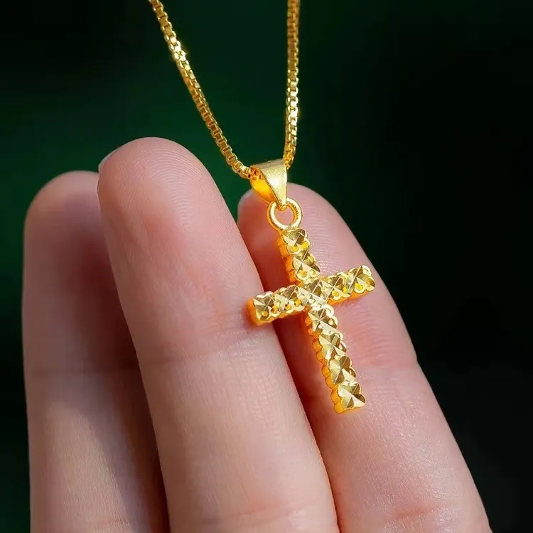 铜合金项链 十字架吊坠坠链时尚气质简约百搭越南晶金色素款