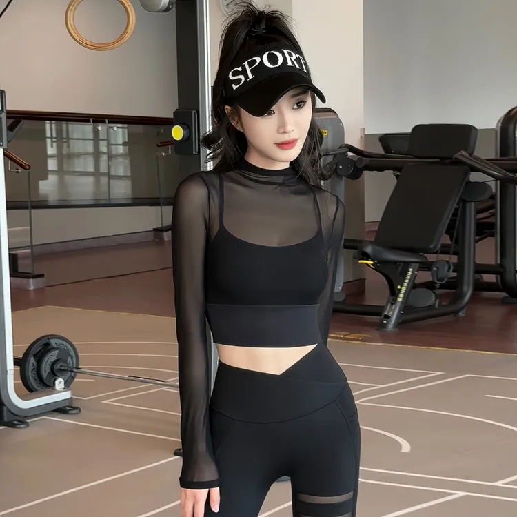 【娇俏千金】33038瑜伽服女春夏季运动上衣跑步健身服修身网纱长袖
